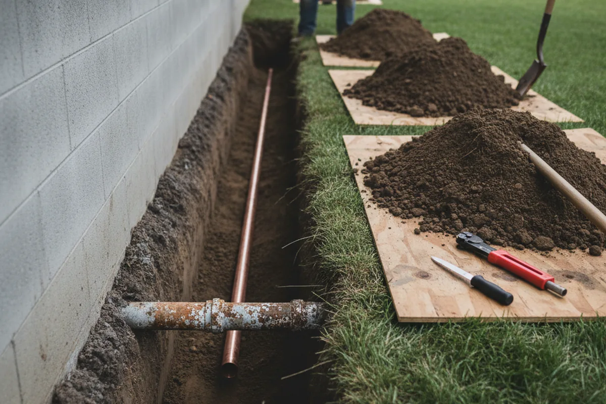 Excavated water line trench during Sewer Line Repair in Morley